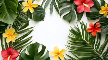 Lush Tropical Floral Frame with Vibrant Leaves Against White Background for Summer Design