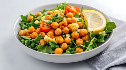 semi close-up of a vegan cauliflower and chickpea salad, vibrant greens and roasted florets, garnished with a lemon wedge, served on a white plate, bright natural light from the window, fresh and