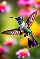 vibrant hummingbird flitting among colorful blooms thriving garden paradise filled lush foliage bright petals, flowers, nature, plants, landscape, beauty