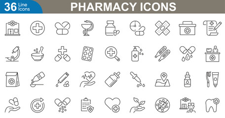 Pharmacy icons set. Medicine, pills, prescription, syringe, capsule, bandage, thermometer, injection and more. vector illustration.