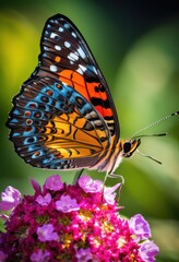 Obraz premium stunning macro shot butterfly perched vibrant showcasing intricate patterns lively colors nature, flower, detail, insect, petals, wings, bloom, flora