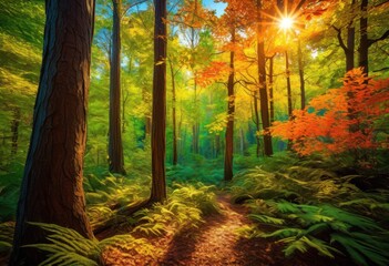 Fototapeta premium vibrant forest canopy diverse animal silhouettes underneath colorful leaves sunlight filtering through foliage, animals, wildlife, fauna, trees, greenery