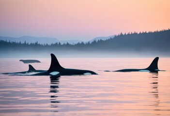 Fototapeta premium majestic orca fins gliding through tranquil waters capturing serenity beauty marine life, wildlife, ocean, surface, reflection, wave, silhouette, horizon