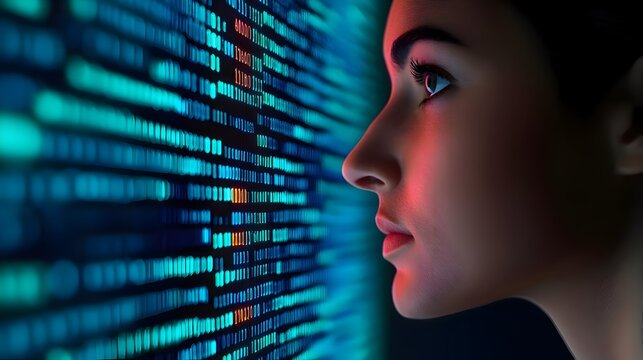 Futuristic Digital Technology Interface with Colorful Lights and Binary Code