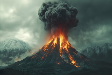 Wide-angle aerial image of a volcano erupting with a big ash and smoke cloud. The explosion turned a thick forest into desolate plain.