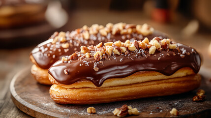 Delicious chocolate eclairs with fresh berries on dark background. Eclairs with chocolate icing. Confectionery, cafe menu, recipe. Tasty french chocolate eclair pastry