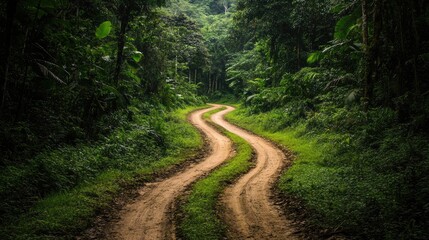 Obraz premium A dirt road winding through dense jungle vegetation, creating a pathway through the wild and untamed surroundings.