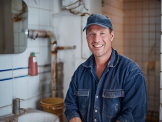 A smiling repairman wearing a blue shirt and cap stands in an old, rundown bathroom with rusty pipes and tiles.
