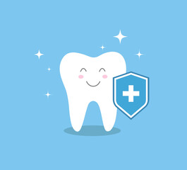 Tooth cute cartoon character with shield icon. Tooth Protection. Shield for Safety in oral hygiene. Vector illustration