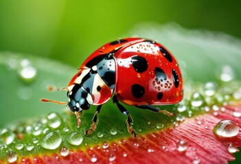 vibrant ladybug resting dew kissed leaf lush green background, nature, insect, garden, flora, macro, bright, color, outdoor, sunlight, summer, wildlife