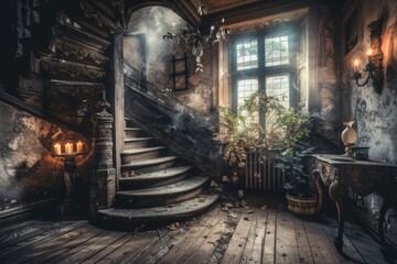 Eerie atmosphere in deserted house with wooden floors, staircase, and candlelight