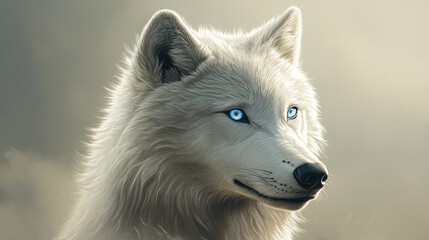 Obraz premium A majestic white wolf with intense blue eyes, depicted in a beautiful digital painting of wildlife.