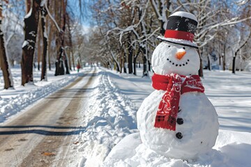 Obraz premium Festive snowman in winter landscape with snowy background creating a cheerful christmas scene