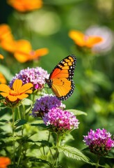 Obraz premium bright display colorful butterflies perched vibrant flower blooms creating captivating floral scene, butterfly, nature, wildlife, wings, garden, petals