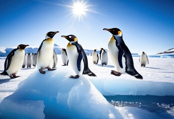 Obraz premium majestic penguins gracefully gliding above sparkling ice fields under clear blue sky, arctic, wildlife, snow, glacier, winter, frozen, ocean, water