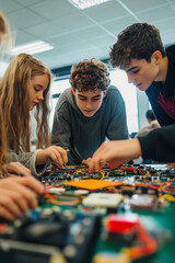 High school students in a modern classroom working on a group robotics project, focused expressions