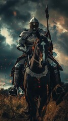 Fototapeta premium An armored warrior proudly rides a fierce horse across a dramatic, cloud-filled backdrop