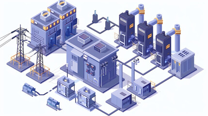 Fototapeta premium a power plant with tall towers, a large transformer, and smaller buildings with wires and equipment.