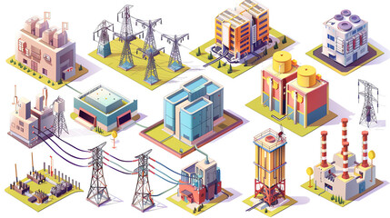 a power plant with tall towers, a large transformer, and smaller buildings with wires and equipment.