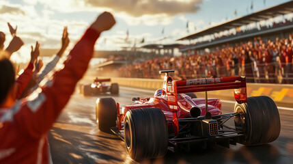 Obraz premium F1 fans cheering up racers during Gran prix. Sports fans lift the spirits. Formula 1 racing cars during competition. men raises their hands in jubilation. F1 fans celebrating victory of the pilot.