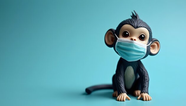 Monkey figurine wearing medical mask smallpox or monkeypox concept background with space for text - Monkeypox Awareness