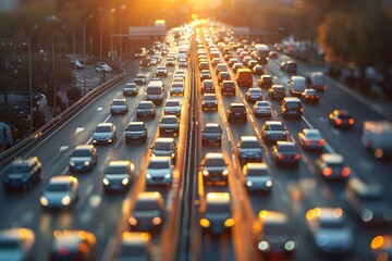 Busy Urban Highway at Sunset with Heavy Traffic
