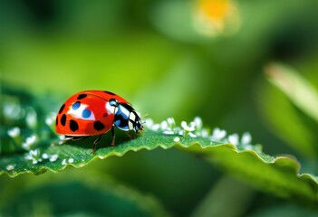 Obraz premium close view ladybug resting lush green leaves surrounded colorful foliage natural setting, beetle, insect, macro, nature, vibrant, outdoor, summer, garden