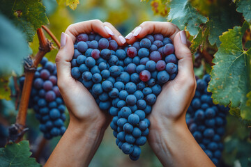 Hands Forming a Heart Around Freshly Picked Blue Grapes in a Vineyard.