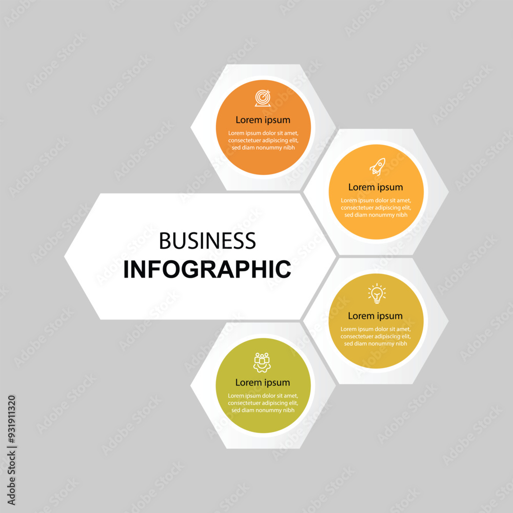 Aufkleber 4 process infographic template vector element with icons and hexagon concept 