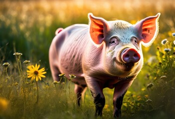 Fototapeta premium captivating close pig surrounded lush greenery vibrant natural elements, animal, wildlife, fauna, farm, portrait, landscape, agriculture, nature