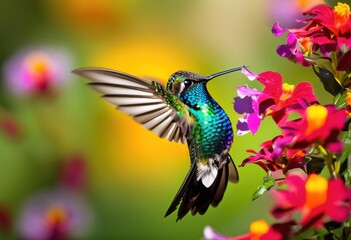vibrant hummingbird hovering next colorful flower nectar lush garden setting, nature, wildlife, fauna, plant, bloom, pollinator, beauty, wings, flora