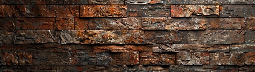 Abstract textured wall with layered stone and brick pattern.