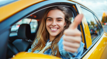 Young happy woman driving a yellow taxi car and showing thumb up. car sharing, buying a car, car insurance, driving school, auto repair shop, roadside assistant promotion