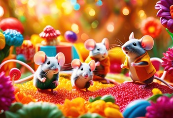 Obraz premium colorful lively mouse figures dynamic environments filled energy playfulness, vibrant, character, art, cartoon, design, scene, cute, cheerful, whimsical
