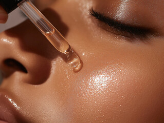 Fototapeta premium young woman with dewy, glowing skin, applying a gentle, natural face serum with a dropper. The background is blurred, focusing on the face and the serum bottle