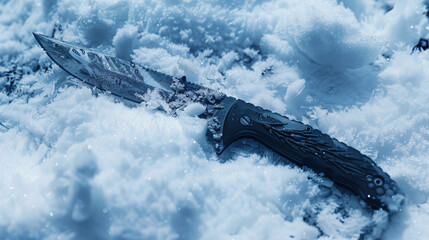 A large knife with a black handle is lying on a snowy surface.

