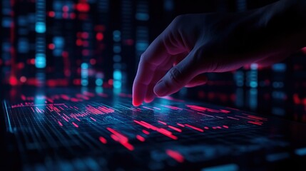 A futuristic hand touches a glowing digital interface, representing advanced technology and data interaction in a virtual landscape.