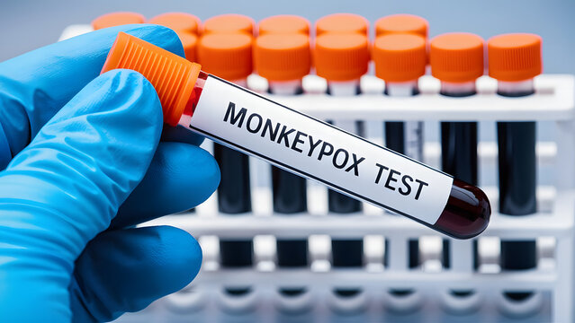 Close-up of a blue-gloved hand holding a test tube labeled "MONKEYPOX TEST" in bold black letters. The test tube, filled with a blood sample, stands in front of a shelf containing other vials.