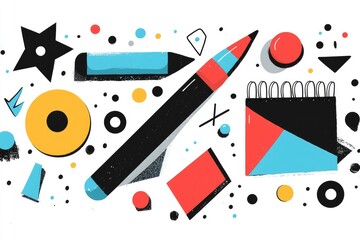Obraz premium Colorful Abstract Illustration of School Supplies and Geometric Shapes