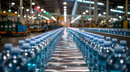Shipping containers filled with water bottles being transported on a conveyor belt system in a large distribution center