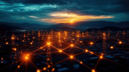 Fototapeta premium A stunning sunset over a connected city, showcasing vibrant lights and networks representing data flow and connectivity.