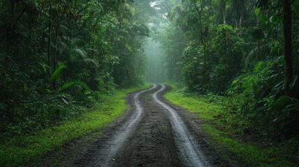 Obraz premium Jungle dirt road stretching into the dense vegetation, offering a glimpse of the wild and mysterious forest.
