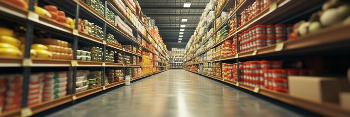 A vast warehouse aisle featuring numerous shelving units filled with bulk inventory items