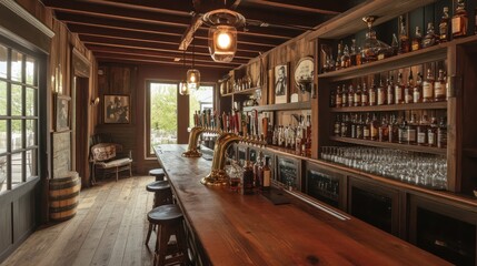 Rustic Bar Interior with Wooden Bar and Shelves