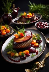 vibrant duck dishes artistically arranged colorful garnishes eye catching presentations, arrangement, culinary, plate, food, cuisine, gourmet, platter