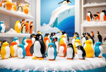 Obraz premium charming whimsical penguin themed product display setup featuring playful bright engaging arrangements captivate customers, colorful, design, cute, decor