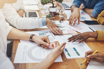 Team, hands and documents in office for meeting, budget planning and networking strategy. Business...