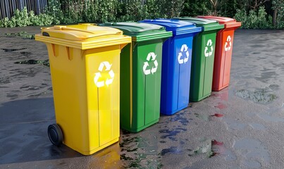 Garbage Trash Bins in Multiple Colors. 3D Illustration, Generative AI.