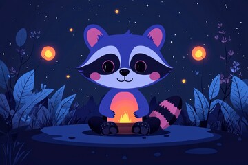 Fototapeta premium Cute Raccoon Sitting by a Campfire Under the Stars