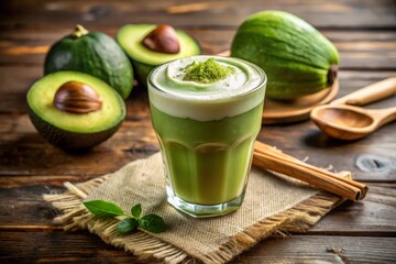 Vibrant green matcha latte blends with smooth avocado, topped with velvety foam, in a rustic, earthy, natural light setting, evoking a calming atmosphere.